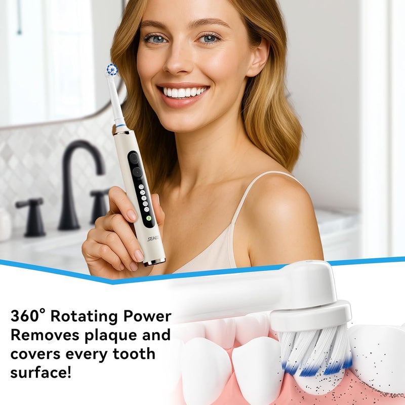 Seago Soft Round Electric Toothbrushes with 8 Spin Brush Heads, 5 Cleaning Modes, Rechargeable Sonic Toothbrush with Timer and Travel Case for Adults and Kids(SG-2607-Beige) - Image 2